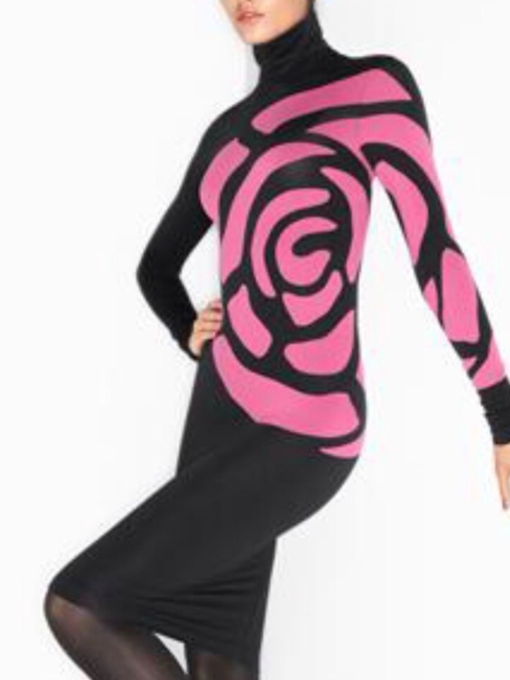 Wolford Black Begonia Pink Rose Bodycon Floral Turtleneck Dress Medium Mod